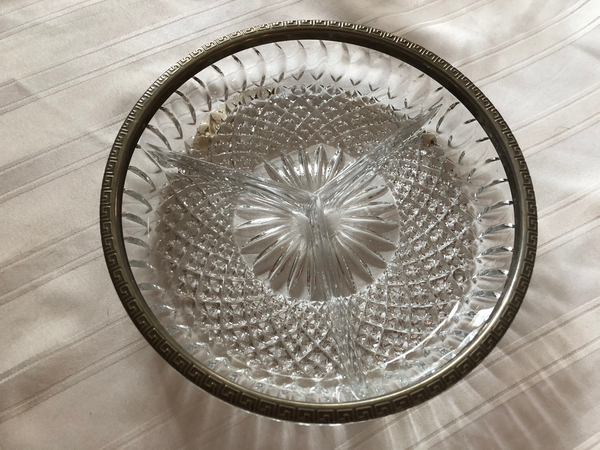 Glass Crystal Snack Dish Silver Plated Rim