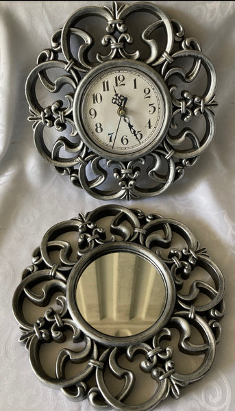 Clock and Matching Mirror with Ornate Frames (frames are plastic)