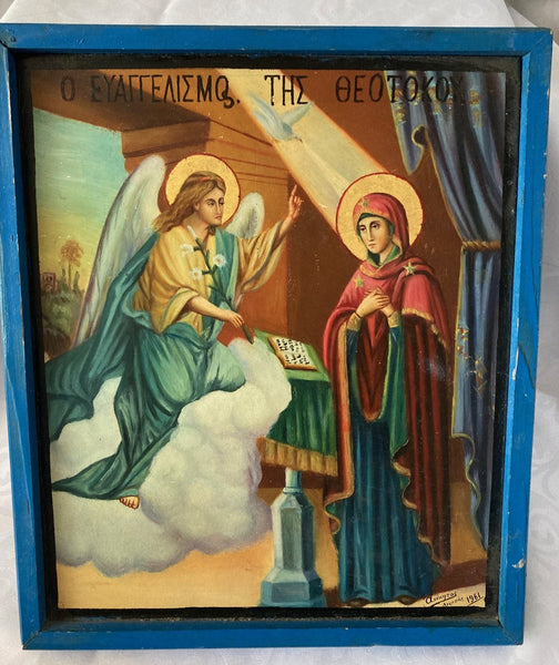 Greek Icon Picture on Blue Wood