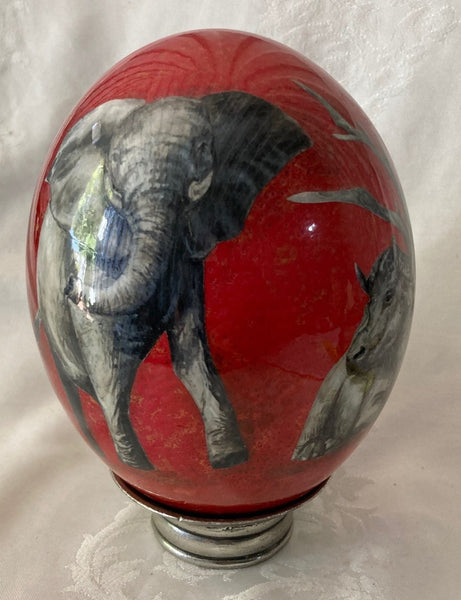 Red Decoupaged Ostrich Egg on Pewter Base